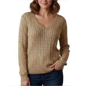 Ralph Lauren Women’s V-Neck Gold Metallic Cable Knit Silk Blend Sweater Large